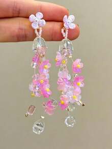 1 Đôi Bông Tai Dài Tassel Ngọc Trai Đính Đá Rhinestone Phong Cách Tối Giản Sang Trọng Cá Nhân Hóa, Kiểu Thượng Lưu - Hồng - Xem 7