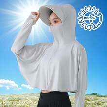 1pc Women's UPF 50+ Hooded Sun Protection Shirt With Face Mask And Brim, Long Sleeve Ice Silk Sunscreen Jacket, Summer Sun Protection Face Cover/Cover Up, Suitable For Women And Girls Outdoor/Vacation/Sports/Camping, One Size Fits All (Loose Version) - Hooded Cover-up - View 9