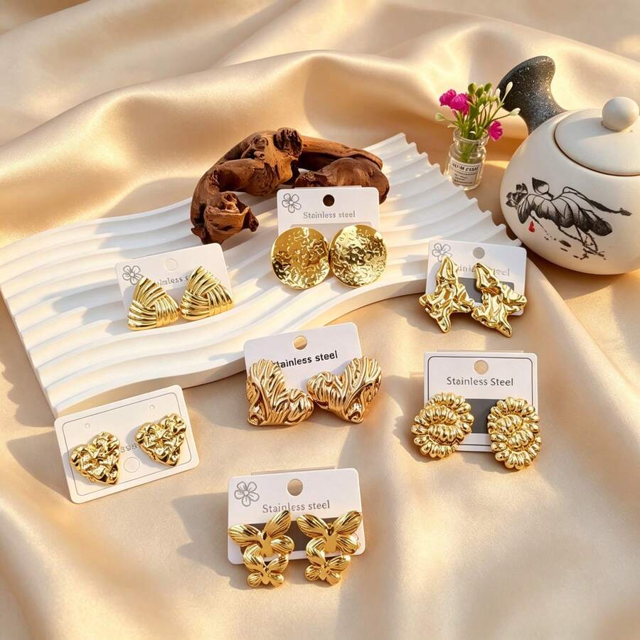 4/8/12 Pcs Elegant Stainless Steel Gilded Hammered Round Earrings, Women's Accessories, For Women In The Workplace To Create An Upscale Look. - Multicolor - View 1