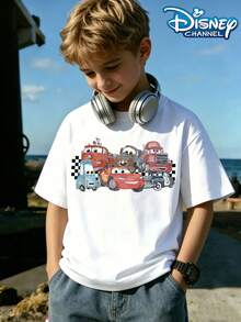 Disney Cars All-Character T-Shirt, McQueen, Mater, Checkered Flag, Watercolor Painting, Energetic And Playful, Racing Fan Top Print Pattern Summer Tops,Short-Sleeved Casual And Cute Style  Children's Clothing Design, Girl Clothes,Boy Kids Clothes ,Ropa Para Niños,Teen Girls Clothes, Summer Clothes,Boys Summer Outfits,Boys Clothes,Perfect For Cool Girls. Comfortable And Breathable Children's Short-Sleeved T-Shirt. Comfortable And Casual Wear All Year Children's Clothes,Comfortable & Lightweight, Iconic Print For Mix-And-Match Outfits,Suitable For Both Boys And Girls. - trắng - Xem 2