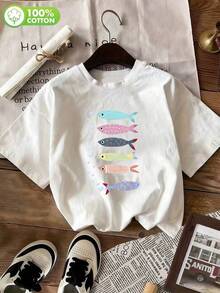 Women's Cute Fish Graphic Print White T-Shirt, Short Sleeve Round Neck Drop Shoulder Top, Casual & Fashionable Knitted Fabric Tee - White - View 1