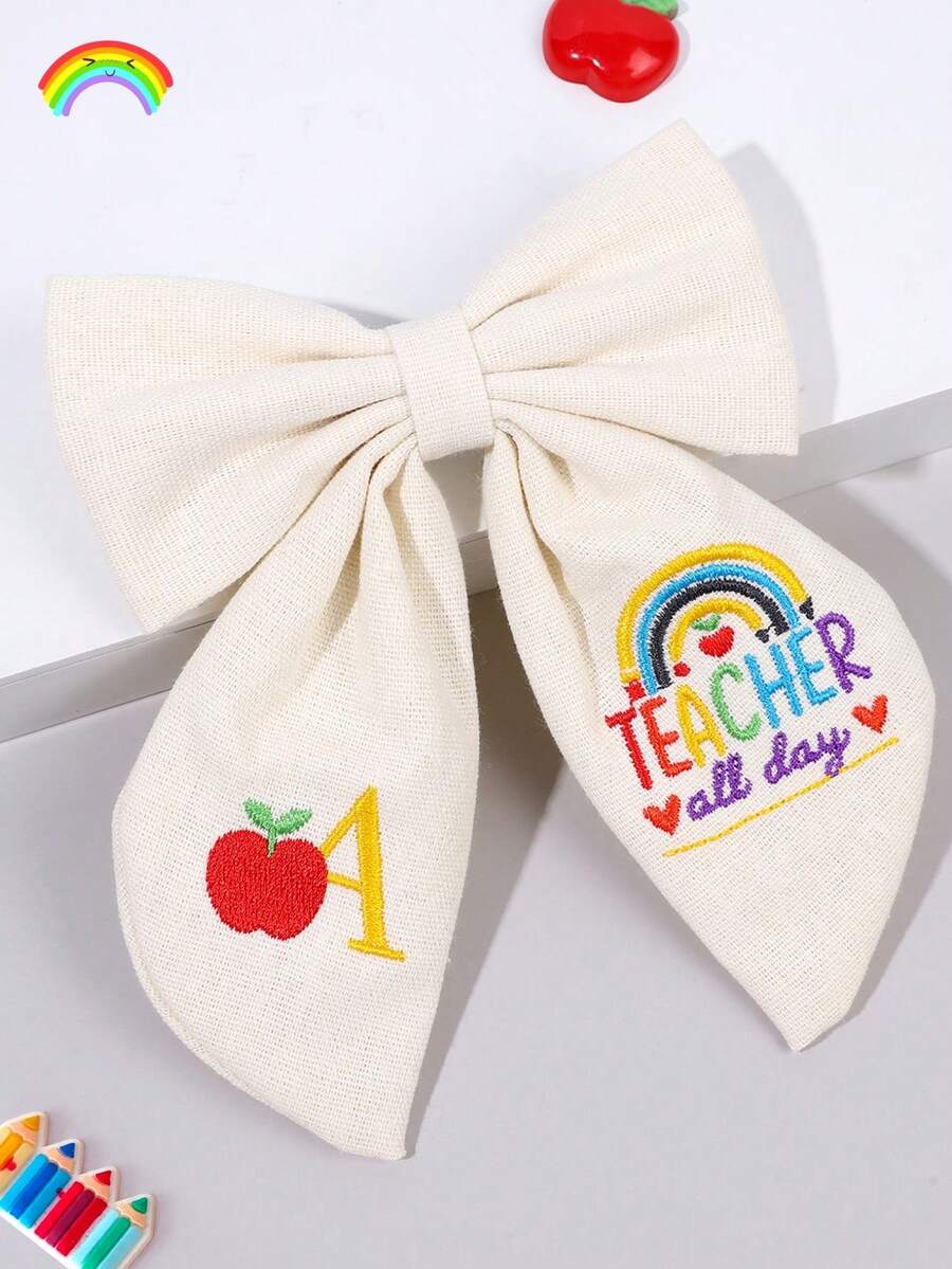 1件 26字母刺繡白色布料髮飾蝴蝶結夾,字母「TEACHER All Day」,鱷魚夾,教師主題髮夾,教師禮物,開學季 - 彩色 - 查看 1