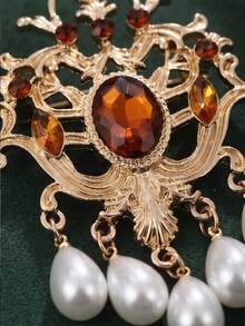 1pc Retro Palace Style Rhinestone Tassel Pearl Brooch, Elegant Women's Daily Wear Clothing Accessory - Yellow - View 11
