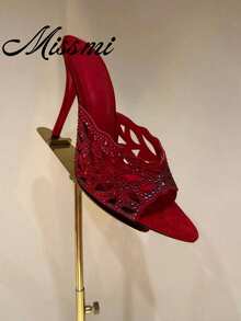 2026 New Open Toe Rhinestone Decorated Red Thong Sandals, Sexy Stiletto High Heel Dress Sandals For Women,Summer Shoes - Red - View 1