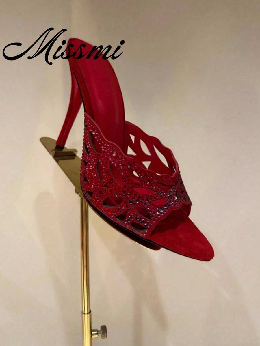 2026 New Open Toe Rhinestone Decorated Red Thong Sandals, Sexy Stiletto High Heel Dress Sandals For Women,Summer Shoes - Red - View 1