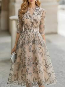 Vestido formal largo con estampado de hojas elegante para mujer, primavera/otoño - Multicolor 4 - Ver 6