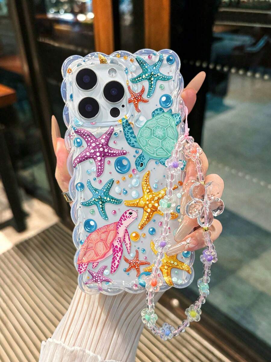 Starfish Painted Braided Wave Edge Transparent Protective Phone Case Compatible With 16/16 Pro/16 Pro Max/16 Plus, 15, 14, XS, 7/8, XR, 7/8 Plus, 11, 12, 13, 14, 15 Pro Max, Shockproof Anti-Scratch Cover - Multicolor - View 1