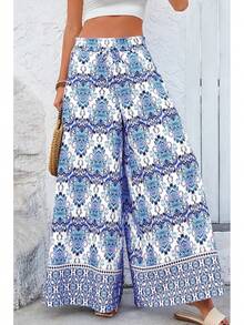 [Free Shipping]Women Wide Leg Pants Casual High Waist Floral Palazzo Pants For Women Flowy Lounge Boho Beach Trousers Pockets Women's Wide Leg - 藍色 - 查看 7