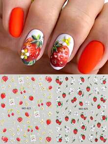 2 pezzi Adesivi per unghie a rilievo 5D a forma di fragola, decalcomanie per unghie estive con frutta e fiori carini e freschi, eleganti toppe autoadesive per unghie con motivi floreali, accessori per la decorazione fai-da-te del design delle unghie estive - Multicolore - Visualizzare 1