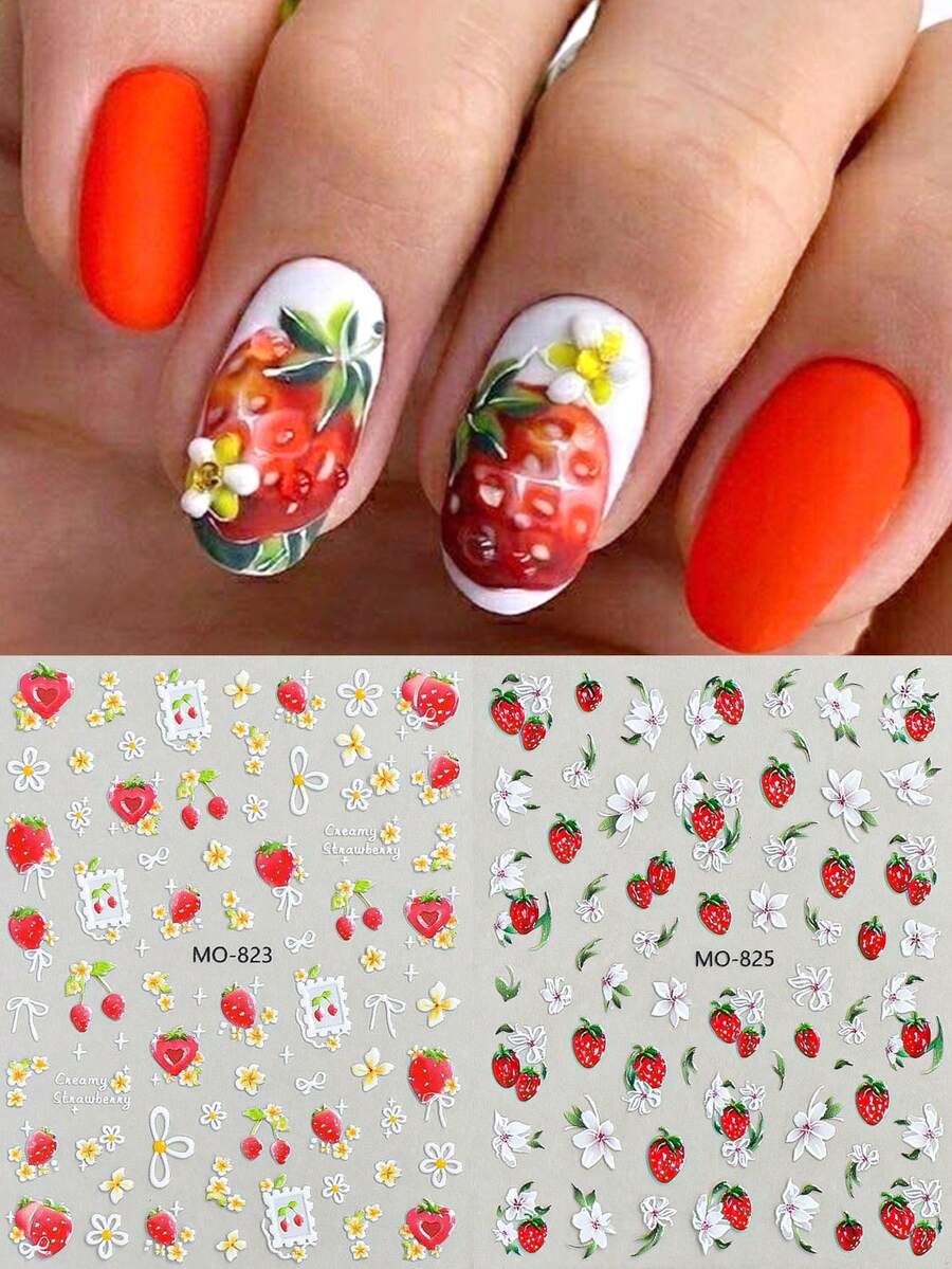 2 pezzi Adesivi per unghie a rilievo 5D a forma di fragola, decalcomanie per unghie estive con frutta e fiori carini e freschi, eleganti toppe autoadesive per unghie con motivi floreali, accessori per la decorazione fai-da-te del design delle unghie estive - Multicolore - Visualizzare 1