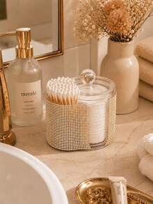 1pc Cotton Swab & Pad Holder With Lid, 2-Compartment Clear PS Bathroom Organizer For, Cotton Pads & Vanity Essentials, Rhinestone Or Clear Style Available, Multiple Color Options - View 5