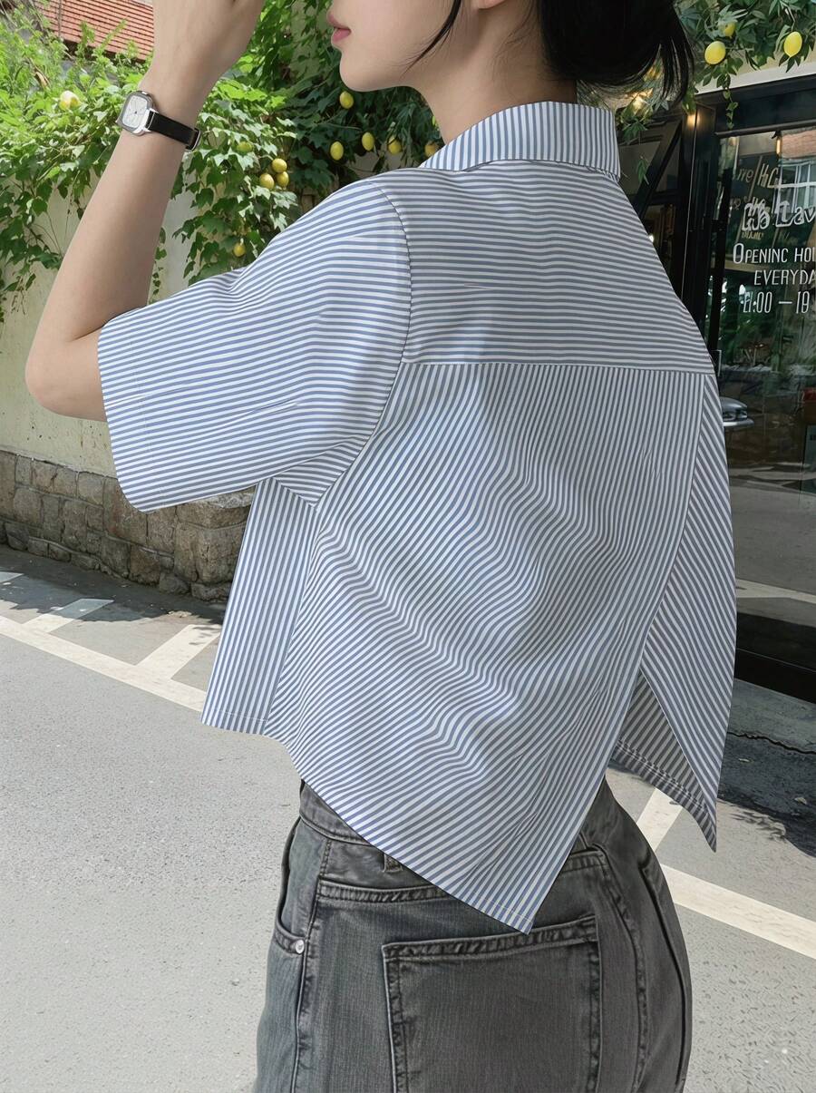 女士休闲短袖条纹纽扣衬衫,不对称交叉设计,夏季款 - 混合色 - 查看 1