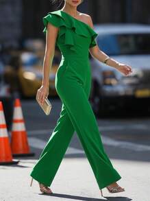 Women's Summer Solid Color Sleeveless Ruffled Trim Casual Jumpsuit Elegant - Green - View 1