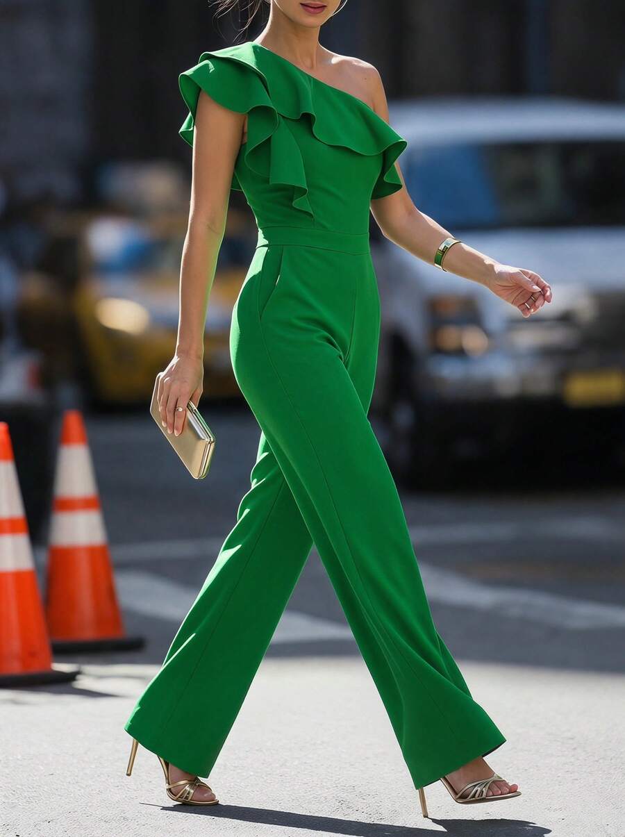 Women's Summer Solid Color Sleeveless Ruffled Trim Casual Jumpsuit Elegant - Green - View 1