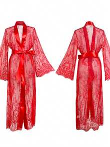 兩件式透明蕾絲套裝，優雅奢華浪漫，前開衩，舒適，四季適用派對居家睡裙，精選禮物 - 紅白色 - 查看 8