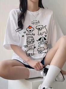 Cute Y2K Summer Top. 1pac. Cute Y2K Summer Top. Women's 100% Cotton T-Shirt, Casual 2000s Style, Loose Fit, Short Sleeves, With Slogan And Puppy Print, Sweet Style, Crew Neck, Unisex, Couples Style. Perfect For A Casual Look. - 白色 - 查看 3