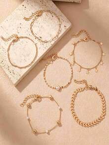 Fashionable Minimalist Rhinestone Star & Heart Pendant Chain Bracelet Set For Women, Suitable For Daily Wear, Dating, Party, Gold Jewelry Accessory, Small Gift For Female Friends (Material Is Iron, Please Avoid Contact With Water To Prevent Rust) - 6 Star Pendants - View 4