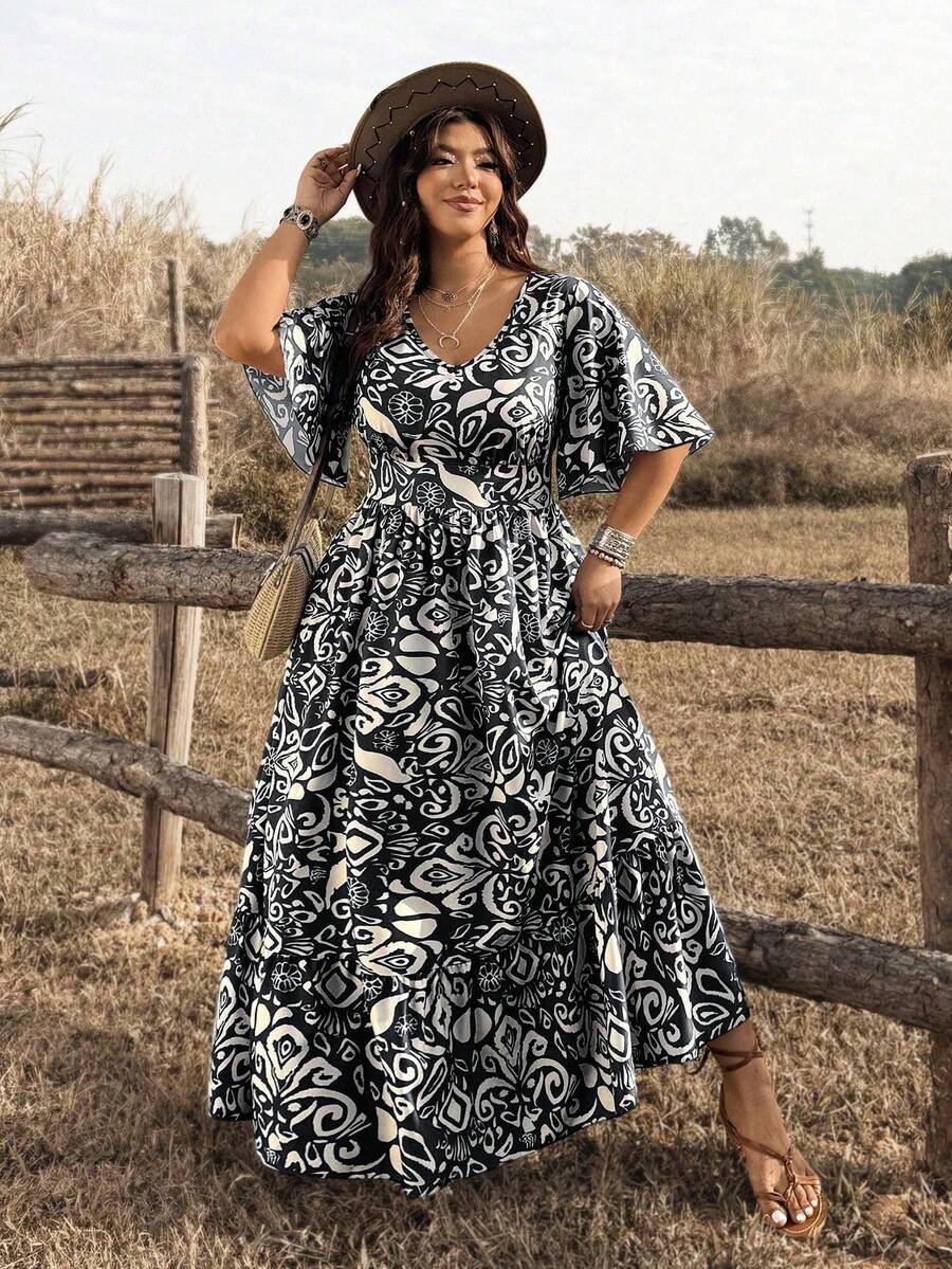 Ceyna Vestido de verano casual, de fiesta y de vacaciones con cuello en V y estampado total para mujer de talla grande - Negro - Ver 1