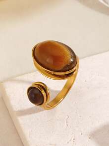 1 buah Cincin Oval Mata Harimau Bergaya dari Stainless Steel, Cocok untuk Pemakaian Sehari-hari - MultiWarna - View 2