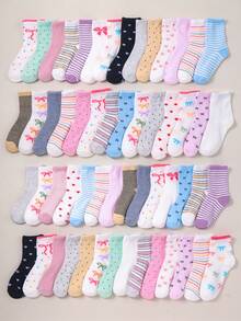 20 Pairs Girls Cute Bowknot Crew Socks, Sweet Balletcore Coquette Patterned Ankle Socks, Ribbed Knit Soft Casual Daily Socks Pack For Kids / Teens - Multicolor - View 3