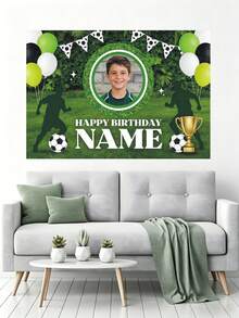 Customizable Photo & Name Football Theme Birthday Backdrop, Green Flag Balloon Outdoor Lawn Football Trophy Decoration, Suitable For Football Theme Birthday, Event, Holiday, Celebration Backdrop Decoration And Photography Props, Vinyl Material. - Green - View 7