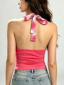 Women Halter Top, Tie-Up Sleeveless Tops Backless Plaid Summer Vest For Club Party - Red - View 2