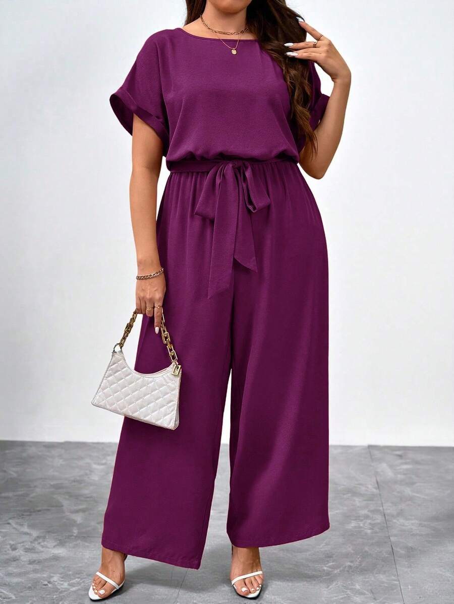 Mono elegante de cuello redondo y talla con cinturón en la cintura y pierna ancha - Rojo violeta - Ver 1