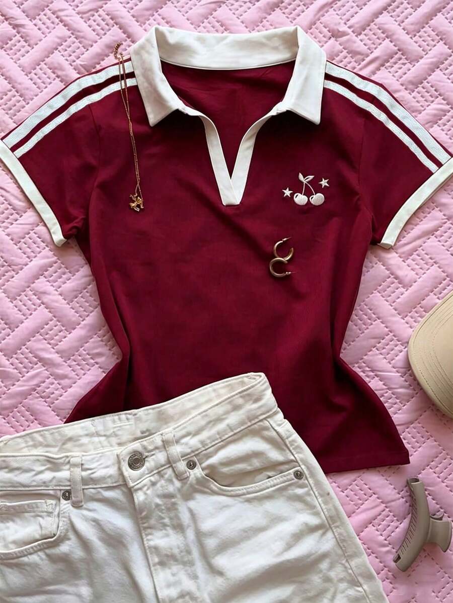 Camiseta de mujer de manga corta ajustada con cuello polo de unicolor - Multicolor 5 - Ver 1