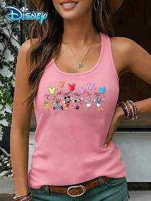 Disney Official Authorization | Women's Casual Round Neck Sleeveless Vest. Featuring Classic Disney Characters As The Theme, Paired With Colorful Mickey Balloons And Character Group Prints, It Exudes Vitality And Childlike Charm. It Is An Atmospheric Item For Theme Park Travel And An Ideal Choice For Showcasing Fairy Tale Style. - Pink - View 1