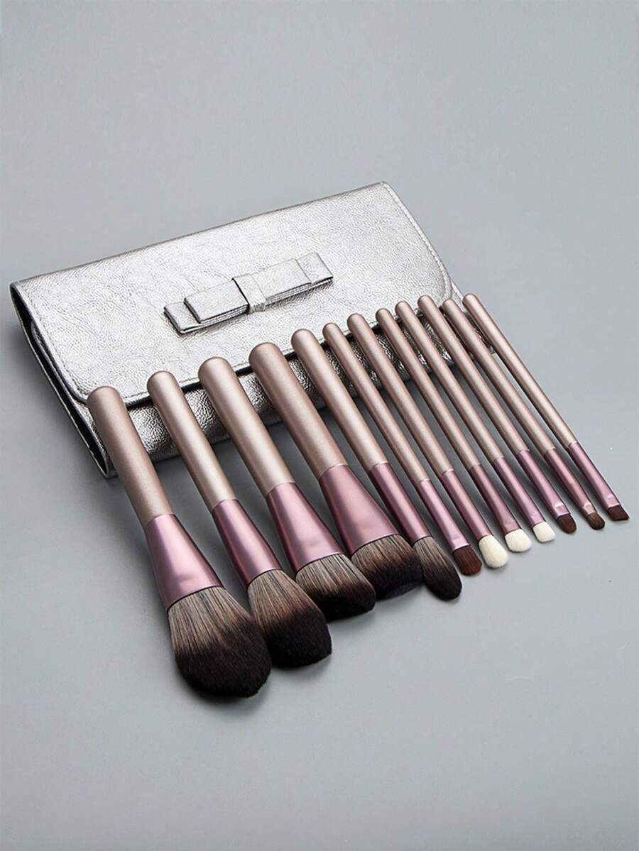 ronshadow Champagne Purple Gradient Handle 12pcs Makeup Brush Set, Face Powder Brush + Blush Brush + Foundation Brush + Eye Blending Brush + Detail Concealer Brush, With Silver Pouch, Beginner Friendly - Dusty Purple - View 1