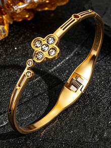 Light Luxury Four-Leaf Clover Rhinestone Inlaid Gold Spring Open Bangle Bracelet For Women, Premium Titanium Steel Bracelet, Exquisite Versatile Commuter Jewelry, Niche Design Elegant Accessory, Cross-Border Hot-Selling Daily Gift Fashion Jewelry - Four-leaf Clover Earrings - View 6