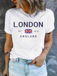 Women's Casual Short-Sleeved Crew Neck T-Shirt With UK Flag Print, For Summer. Premium Cotton Fabric, Lightweight Yet Durable. - 白色 - 查看 1