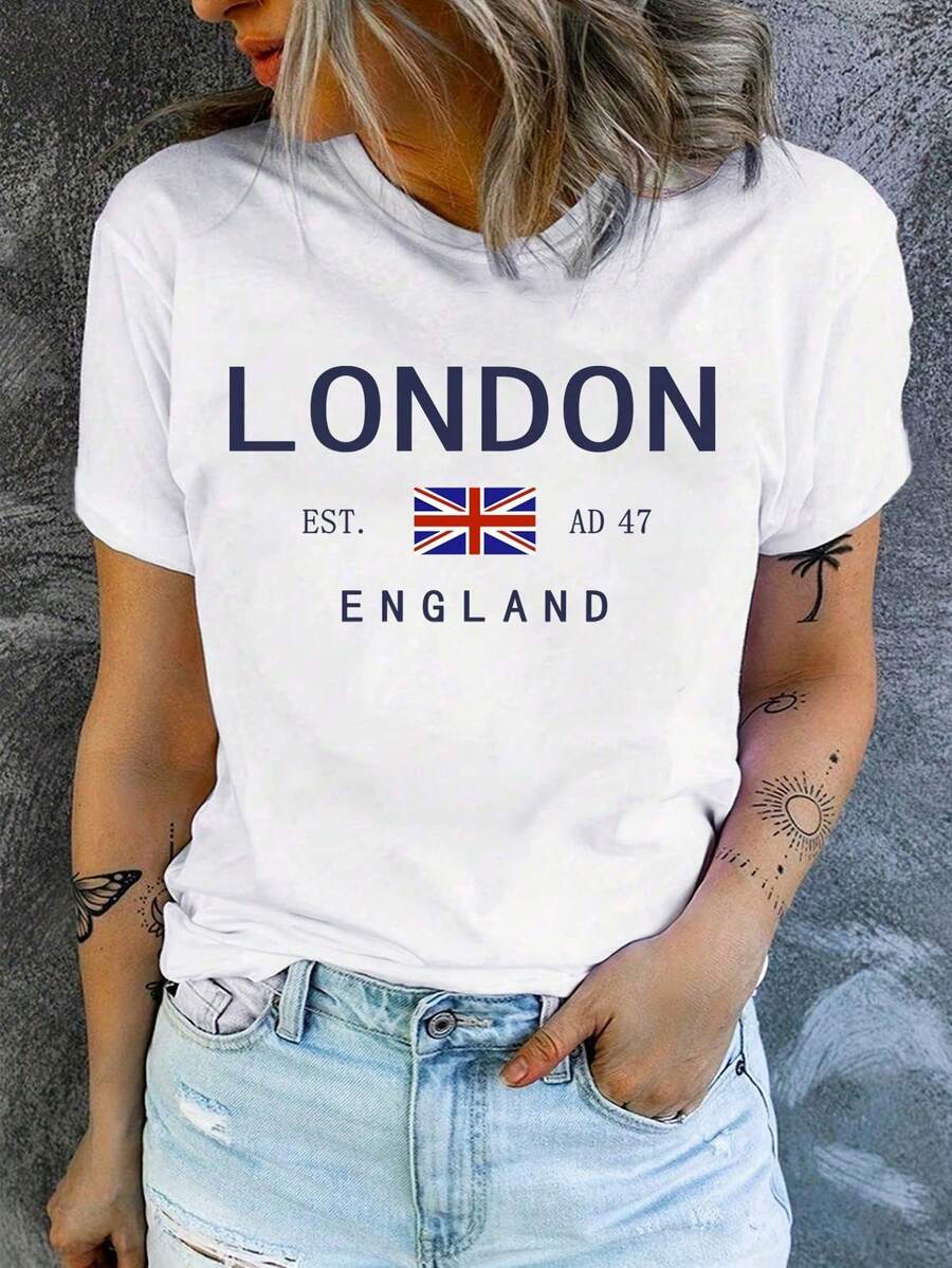 Women's Casual Short-Sleeved Crew Neck T-Shirt With UK Flag Print, For Summer. Premium Cotton Fabric, Lightweight Yet Durable. - 白色 - 查看 1