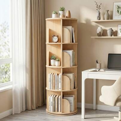 Natural Wood 360° Rotating Bookshelf, 3/4/5-Tier Freestanding Round Bookcase, Spinning Storage Shelf For Books, Toys, And Decor, Multi-Functional Organizer For Bedroom, Living Room, Home Office