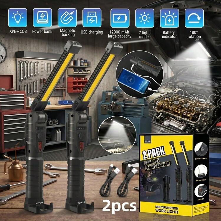 USB Rechargeable COB LED Work Light Foldable Magnetic Hook 3 Light Modes Dual Sided Portable Inspection Lamp For Car Repair Workshop Camping Emergency Popular Mechanic Tool Perfect Gift For DIYers Mechanics Outdoor Lovers - 黑色 - 查看 12