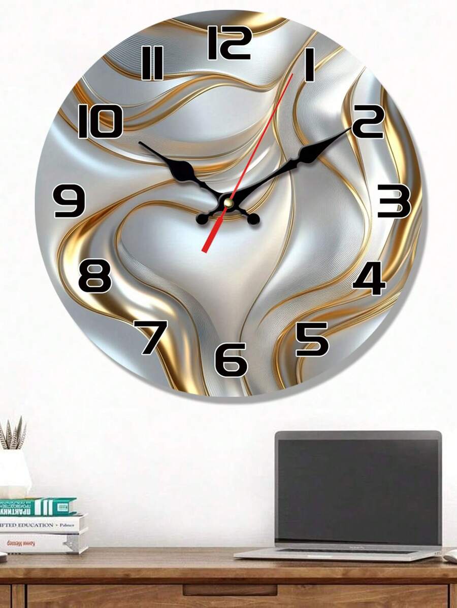 1 Pc 10 Inch/12 Inch Wooden Wall Clock With Golden And Silver Wave Texture Pattern, Silent Clock With Abstract Art Line Design, Living Room, Bedroom, Kitchen, Office Decoration, Modern Home Art Decoration, Ideal Valentine'S Day, New Year Gift, Birthday Gift - Multicolor - View 1