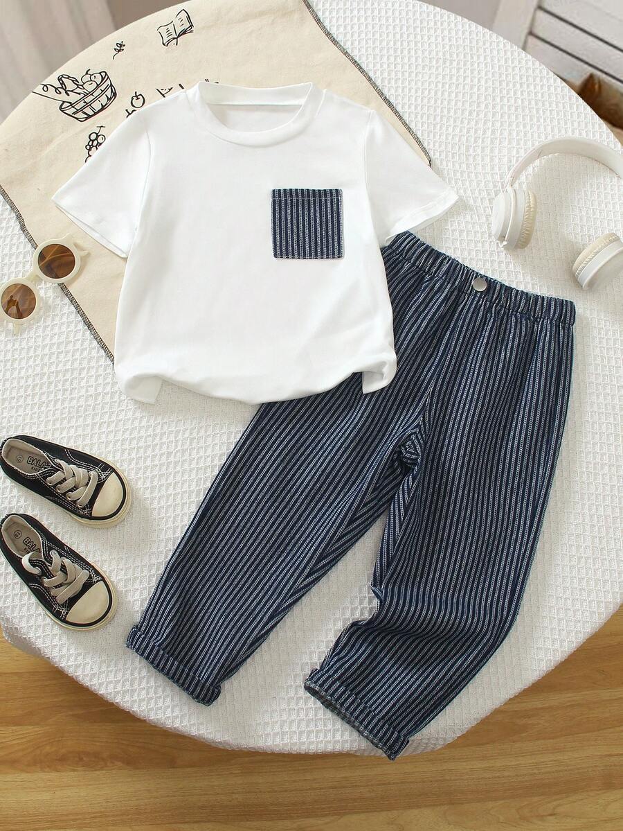 2piezas/Set Camiseta de cuello redondo de manga corta blanca cómoda y versátil para niño joven y pantalones largos de mezclilla azul a rayas, adecuada para primavera, verano, escuela, uso casual diario, viajes, deportes, fiestas de vacaciones y talla grande - Blanco - Ver 1