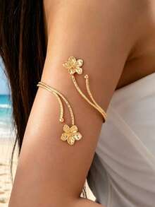 1pc Elegant Floral Pattern Women's Upper Arm Bracelet, Spring/Summer Bohemian Style Arm Cuff - Gold - View 2