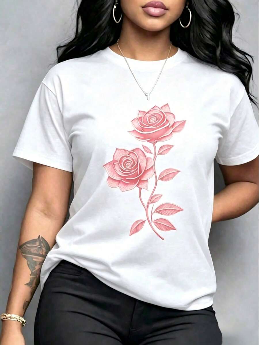 Camiseta de Talla con Estampado de Rosas Negras -% Algodón, Manga Corta, Cuello Redondo | Estilo cómodo e informal adecuado para todas las estaciones, lavable aáquina, diseño floral elegante para el día a día y ocasiones especiales. - Blanco - Ver 1