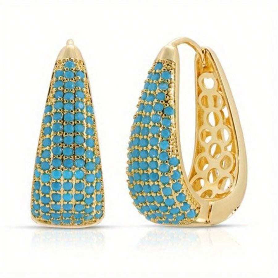 1 Pair Bohemian Luxury Copper Earrings, Hollow Carved Earrings With Synthetic Turquoise, Ideal Accessory For Weddings, Banquets And Parties, Great Gift For Friends And Family - Two-color - View 1
