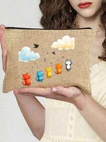 5 Different Colors Cat Pattern Canvas Bags, Perfect For Supermarket Shopping And Travel. Simple And Fashionable, Made Of Linen Material, Very Suitable For School Or Outdoor Travel. Large Capacity, Portable, Suitable For Women, College Students And Office Workers. Great Gift For Valentine's Day, Christmas, New Year, Anniversary, Birthday And Other Occasions. - Multicolor - View 13