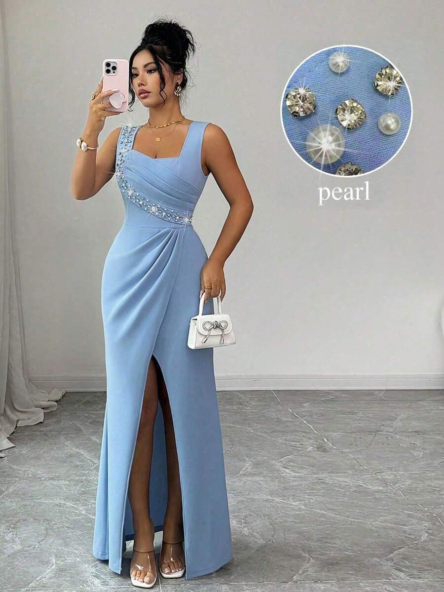 xheSHEIN Elenzya Vestido elegante y romántico para damas, con cuello cuadrado sin mangas, decoración de perlas en la cintura, plisado, abertura, ajustado, ligero, para fiesta y cóctel, con bajo de cola de sirenaxhe - Azul - Ver 1