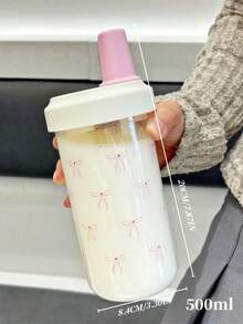 500/700ml 大容量咖啡杯，簡約粉色蝴蝶結塑膠水杯附蓋與吸管，運動水杯，可重複使用派對飲用杯，返校用品 - 彩色 - 查看 7