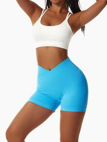 Women's Minimalist Solid Color Criss-Cross Waist Tight Sports Shorts Yoga - Blue - View 8
