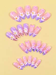 Rainbow Color Medium Almond Shape Press-On Nails, Colorful Striped Design, Summer Glossy Acrylic Fake Nails, Cute Full Coverage Nail Tips, 24pcs/Pack For Women - 彩色 - 查看 3
