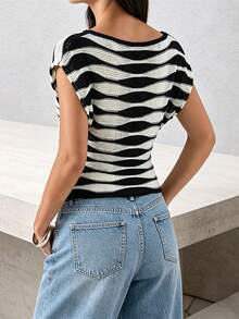 Womens Off Shoulder Knitted T-Shirt Casual Stylish Contrast Color Wave Pattern Boat Neck Short Sleeve Tops For Spring/Summer - Negro - Ver 3
