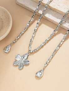 1 pieza Collar largo con colgante de Plumeria de estilo minimalista y elegante, accesorio de collar cuadrado con cuentas de CCB, adecuado para el uso diario, citas, compras, fiestas de la mujer, mejor regalo del Día de San Valentín para ella (material de resina CCB sin metal, comprar con precaución) - Plateado - Ver 4