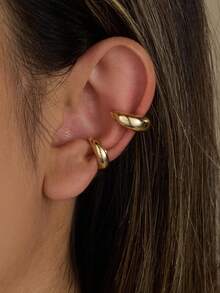 2pcs/Set Minimalist C-Shaped Gold Ear Clips, Metallic Style Gold Earrings, Suitable For Women's Daily And Commuting Wear - Yellow Gold - View 2