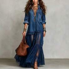 Elegant Boho Two-Piece Co-Ord Set, Oversized Roll-Up Sleeve Shirt With Sheer Tiered Maxi Skirt, Ruffle Trim Detail, Romantic & Effortless Vibe, Perfect For Vacation, Beach Cover-Ups & Casual Outings,  Flowy Set For Women - 綠色 - 查看 4