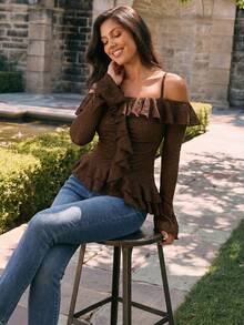 2026 Blusa con volantes y hombros descubiertos de moda para mujer - Marrón - Ver 1